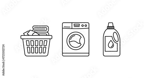 Laundry day essentials: Basket of clean clothes, washing machine, and detergent bottle icon set
