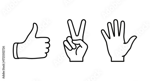 Hand gestures expressing approval, peace, and count five with clean, minimalist design for communication