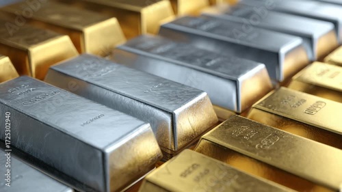 Gold and silver bars are neatly arranged, showcasing their metallic luster and weight. Their significance in investment and trade is highlighted, emphasizing their timeless appeal