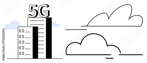 Modern building with 5G signage alongside abstract clouds. Ideal for communication, innovation, technology, wireless network, connectivity, mobile internet, and smart city. Simple flat metaphor