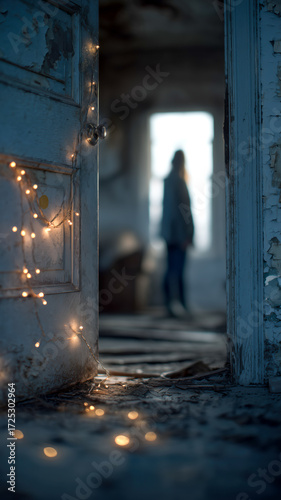 Open door with lights leads to blurred figure in desolate space, evoking mystery and transition with textures and atmospheric depth.