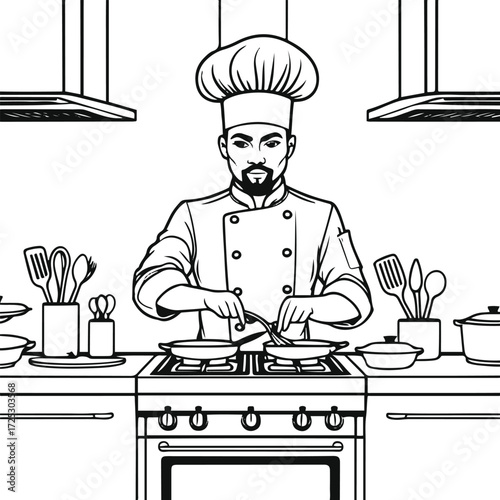 Chef cooking on stove line art – kitchen scene, minimal style, white background 2