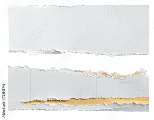 Two torn pieces of white paper, one above the other, showing ragged edges and a torn middle section with a hint of yellow beneath