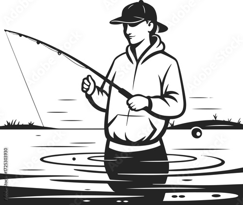 Person fishing line art – lake or river scene, clean vector, white background
