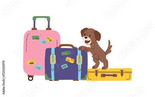 A dog with luggage. Concept of travel with pet. Illustration of puppy among the suitcases. Vector flat clipart.
