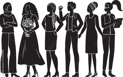 Diverse group of silhouetted women standing together representing feminine power and unity business professional casual fashion vector