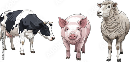Farm animals cartoon collection cow pig sheep illustration for farming or agriculture concept