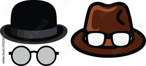 Iconic vintage hats and glasses featuring a bowler hat and a fedora with spectacles for distinctive character concepts vector