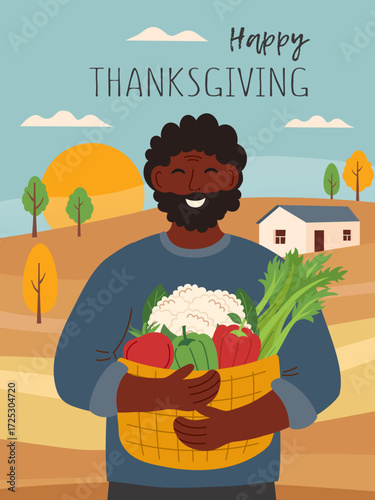 Thanksgiving and harvest festival poster. Autumn, harvest and Thanksgiving concept. Man with basket of vegetables in the background of the field. Vector flat template.	
