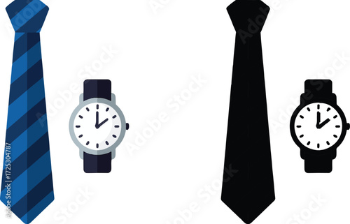 Elegant blue patterned tie and classic wristwatch next to silhouette counterparts for business or formal attire comparison vector