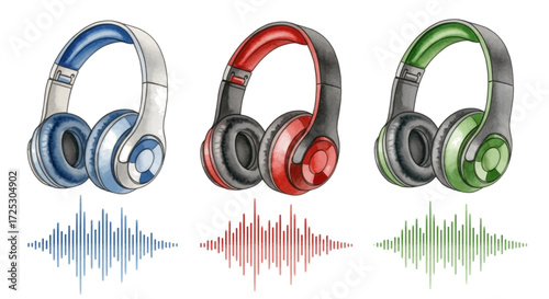 Three colorful headphones with vibrant sound waves offer a dynamic listening experience and modern vibe