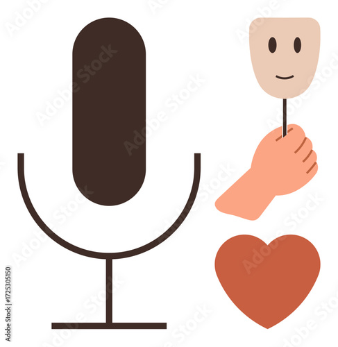Microphone and hand holding a smiling mask next to a heart symbol, connecting voice, emotions, and self-expression. Ideal for communication, media, identity, emotion, creativity storytelling