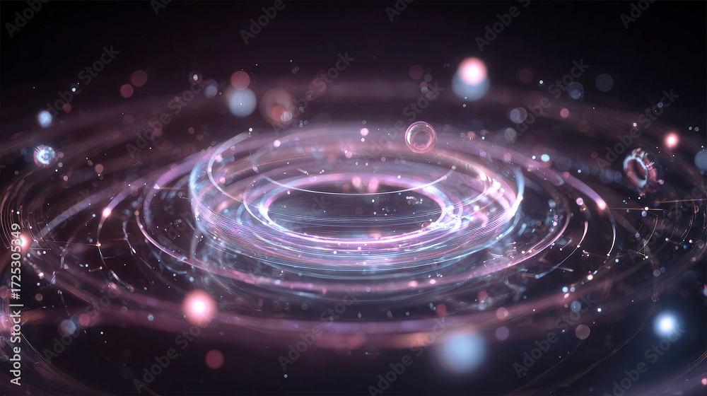 Obraz premium Luminescent rings and particles ripple in sharp foreground on deep black background with soft bokeh, pink and cyan glow suggest quantum wave simulation, futuristic sci-fi atmosphere