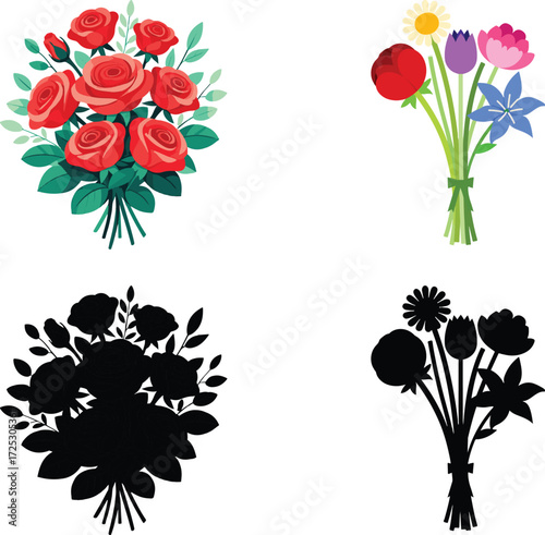 Collection of diverse floral arrangements showing full color blooms silhouettes and line art styles vector
