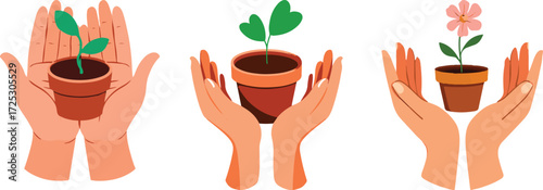 Hands gently holding small potted plants showing growth and care symbolizing sustainability and new beginnings hope vector
