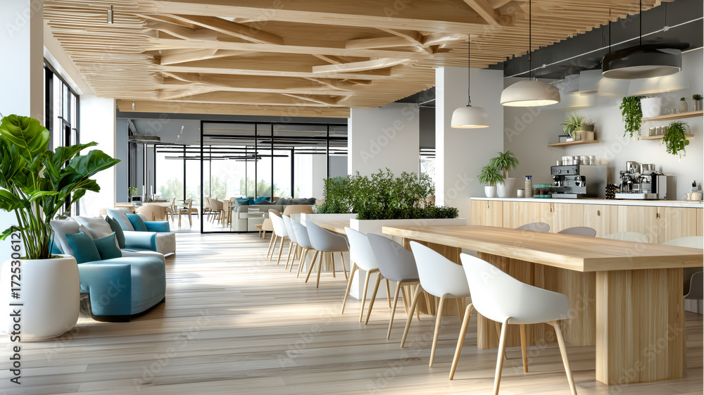 Fototapeta premium Modern Office: Stylish interior featuring wooden ceiling design, sleek furniture, and bright lighting. Workspace with plants.