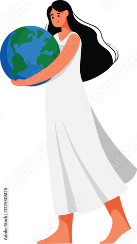 Young woman in white dress gently holding planet earth symbolizing environmental awareness and global responsibility vector