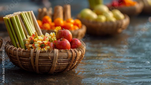 Traditional Chhath Puja Baskets with Fruits and Flowers