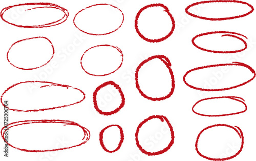 crayon liner doodle Hand drawn RED ovals and circles set.  doodle style. Round freehand shapes emphasis highlights sketches .