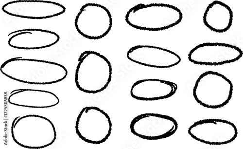 crayon liner doodle Hand drawn black  ovals and circles set.  doodle style. Round freehand shapes emphasis highlights sketches .