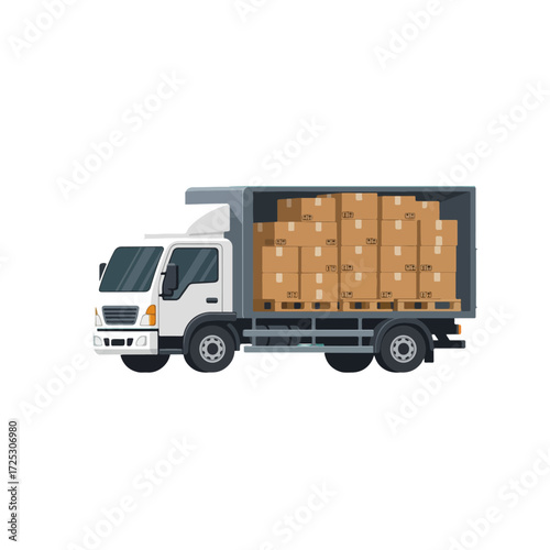 Delivery truck loaded with cardboard boxes on pallets.