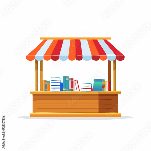 Street book kiosk with colorful striped awning and many stacked books for sale