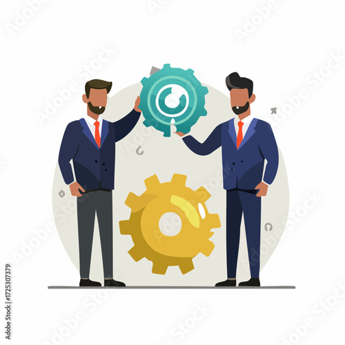 Businessmen collaborating to build synergy with interlocking gears, symbolizing teamwork and cooperation