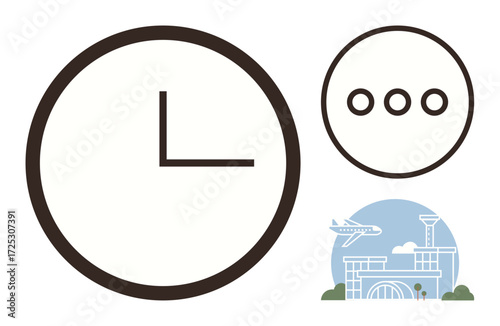 Clock face, chat bubble with three dots, and airport terminal with airplane capture urgency, travel, and communication. Ideal for scheduling, aviation, messaging, planning punctuality deadlines