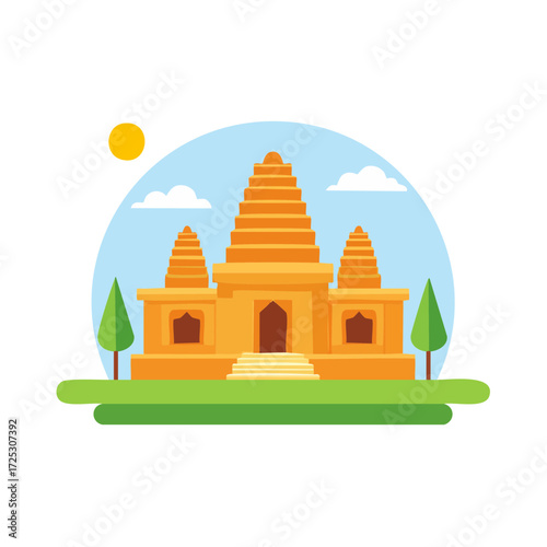 Flat design illustration of a traditional orange temple with tiered roofs, entrance steps, trees, and bright sky