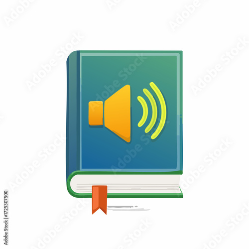 Audiobook Illustration of a Book with a Speaker Icon and Bookmark