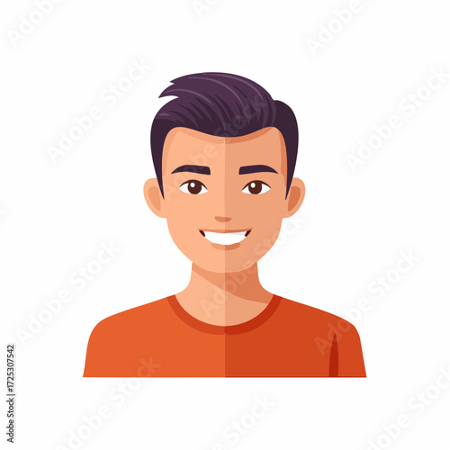 Smiling cartoon man with short hair and orange shirt, vector illustration