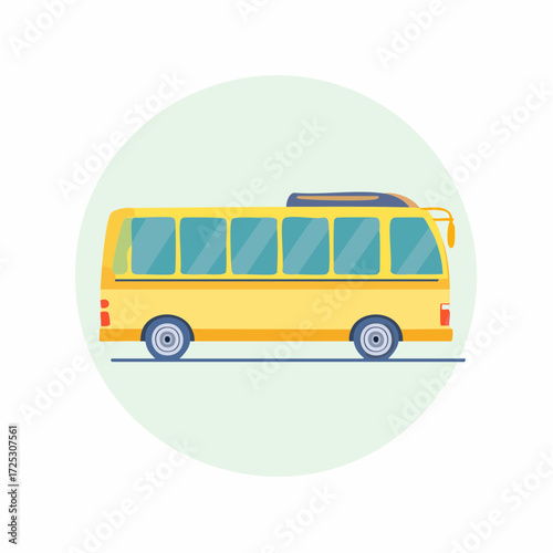 Yellow passenger bus or minibus illustration in a flat cartoon style side view for transportation and travel