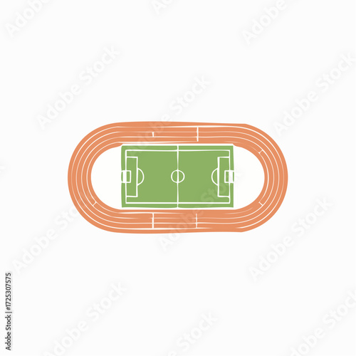 Hand drawn sports stadium with a football pitch and running track from an aerial view