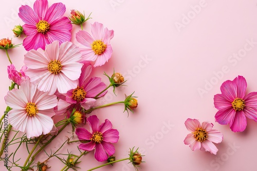 Pink Cosmos Flowers Arrangement On Pastel Pink Background