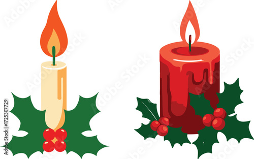 Two festive christmas candles with holly and berries create a warm glow for holiday celebrations and decorations. vector