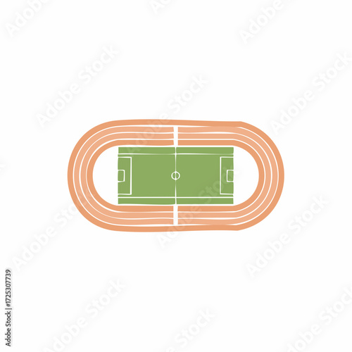 Overhead view of a sports stadium featuring an athletic running track and green soccer football field