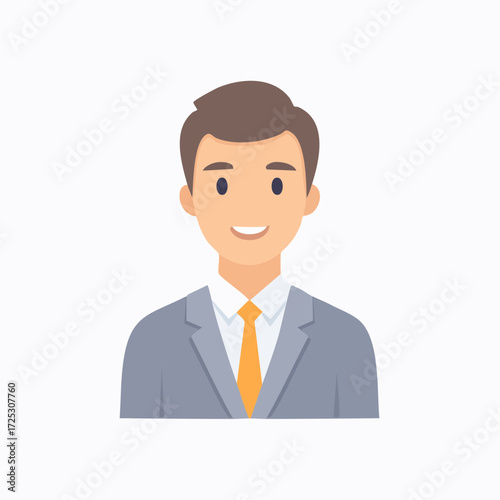 Smiling Businessman Cartoon Portrait in Formal Suit with Orange Tie on White Background