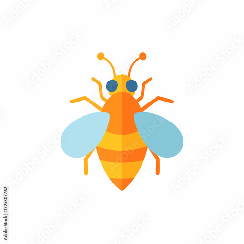 Cheerful stylized bee illustration in vibrant orange and yellow tones with simple blue wings