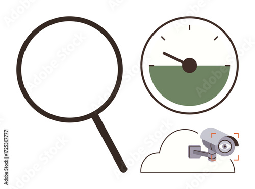 Magnifying glass, gauge with partial green section, and cloud-connected CCTV camera. Ideal for data review, monitoring, security, cloud storage, analytics technology investigation. Simple flat