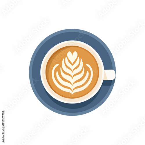 Aromatic Latte Art Coffee Cup with Creamy Foam on Blue Saucer for Coffee Break