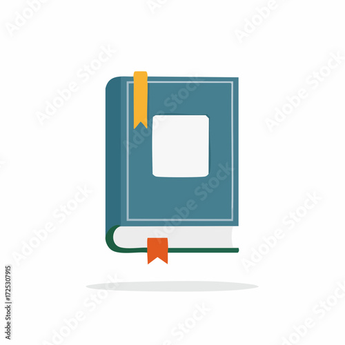 Stylized blue book with yellow and orange bookmarks and a blank cover panel