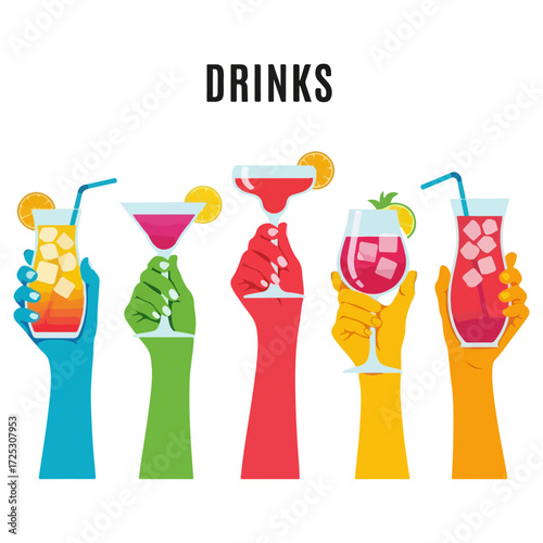 Colorful hands holding various cocktails and drinks.