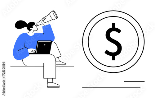 Person holding a telescope, sitting with a laptop and observing, accompanied by a dollar sign. Ideal for financial planning, goal setting, career exploration, investment, opportunities, vision