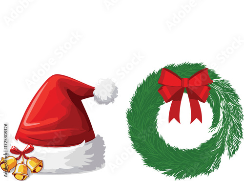 Festive christmas santa hat and evergreen wreath with red ribbon and bells for holiday celebration decor vector