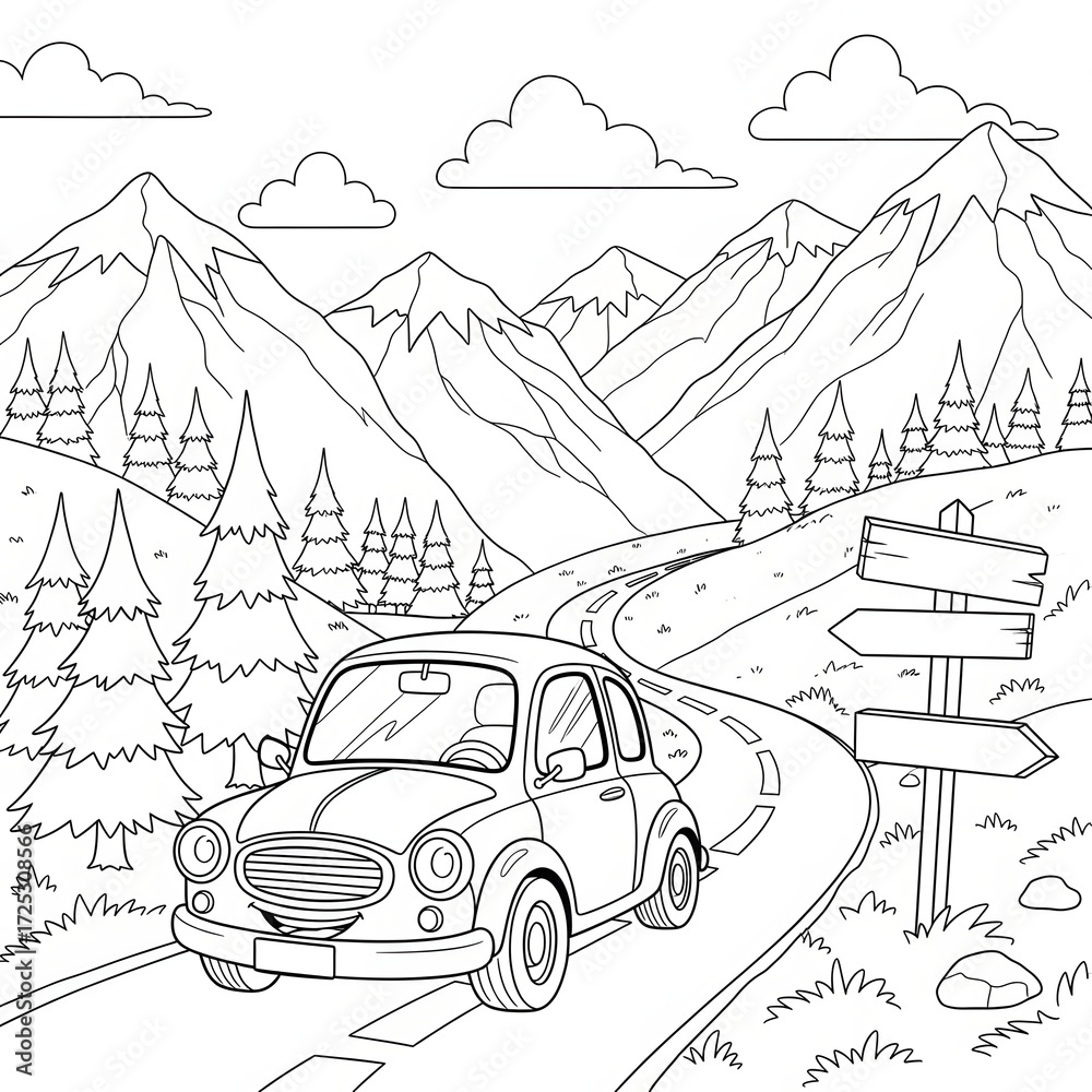 Fototapeta premium Car coloring page. Cute cartoon vehicle illustration. Friendly car driving on a winding mountain road with pine trees and direction signs. Perfect printable activity sheet for kids.