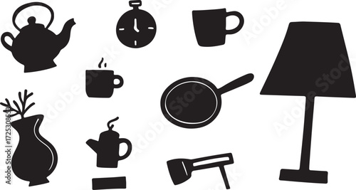 Collection of silhouette icons for home decor kitchenware and lighting elements for modern design projects vector