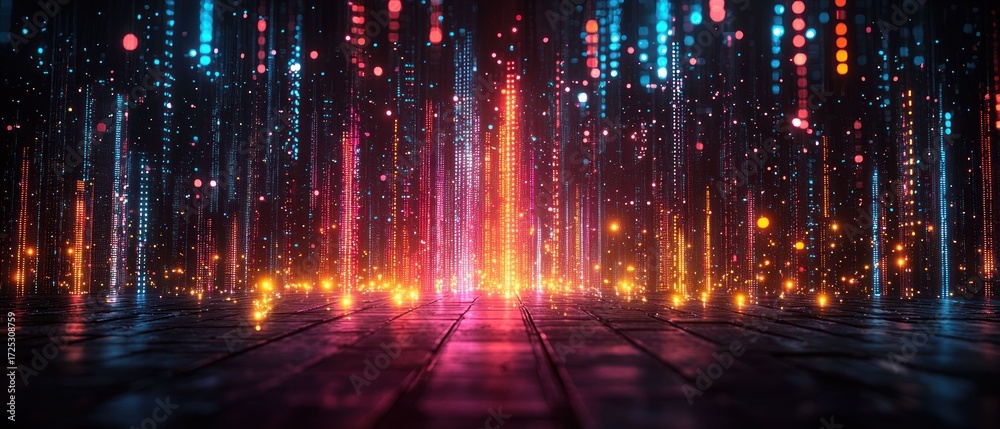 Fototapeta premium Abstract Digital Rain: Neon Lights and Glowing Particles