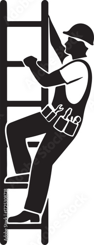 Silhouette of a construction worker wearing safety harness climbing ladder reaching for new heights of success vector