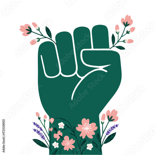 Empowering green fist symbol of strength and growth with delicate floral embellishments for social justice movements vector
