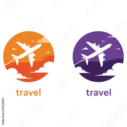 Set of Circular Travel Logos with Airplane in Flight.